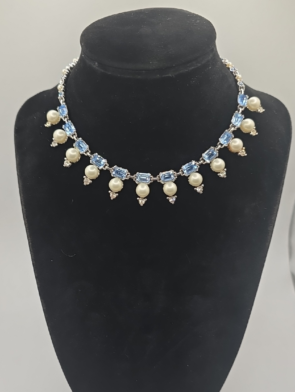 Vintage Bogoff Blue Crystal and Pearl Drop Necklace